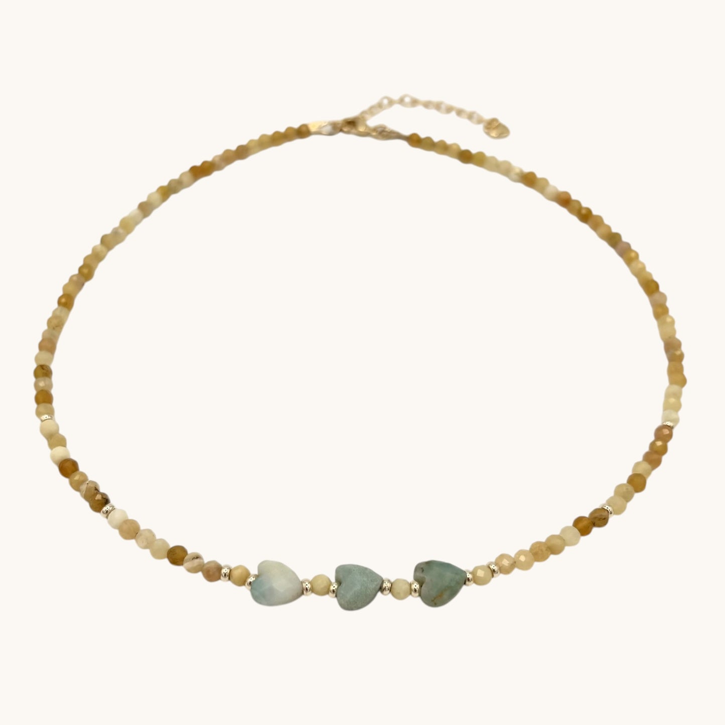 African Yellow Opal Necklace with Amazonite Heart Accents & Gold-Filled Puffy Heart Extender (15–17”)