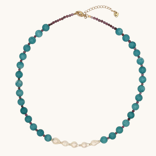 Blue Quartz & Pink Tourmaline Necklace with Freshwater Pearl Center – 17”