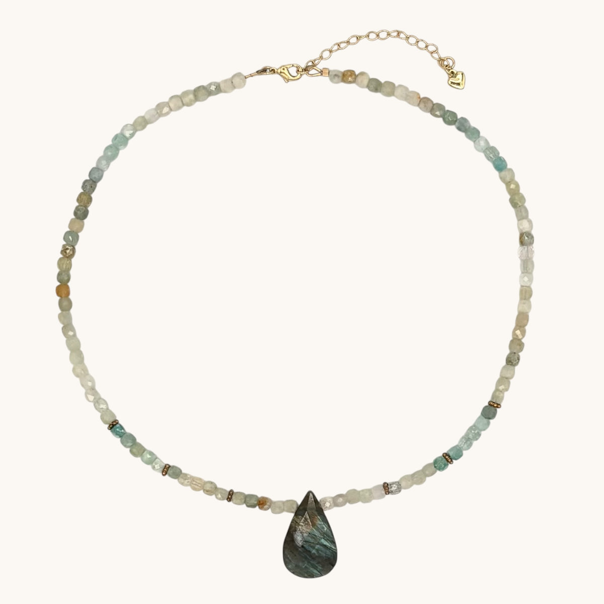 Aquamarine Necklace with Labradorite Pendant & 18K Gold-Filled Daisy Spacers