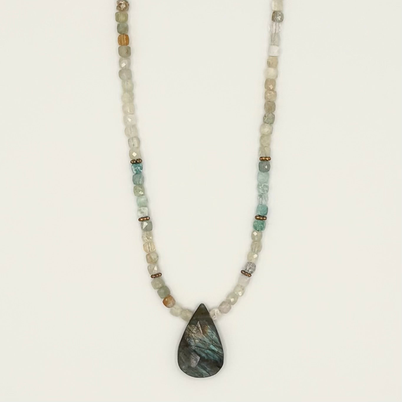 Aquamarine Necklace with Labradorite Pendant & 18K Gold-Filled Daisy Spacers
