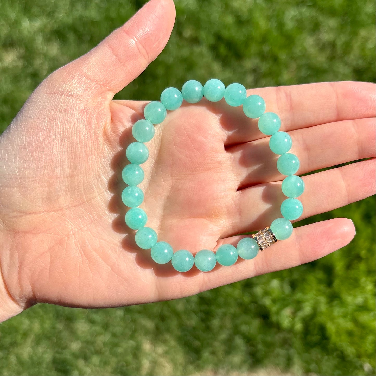 Bright Blue Amazonite Stretch Bracelet with 18K Gold-Filled CZ Spacer | 6.5mm Gemstone Beads