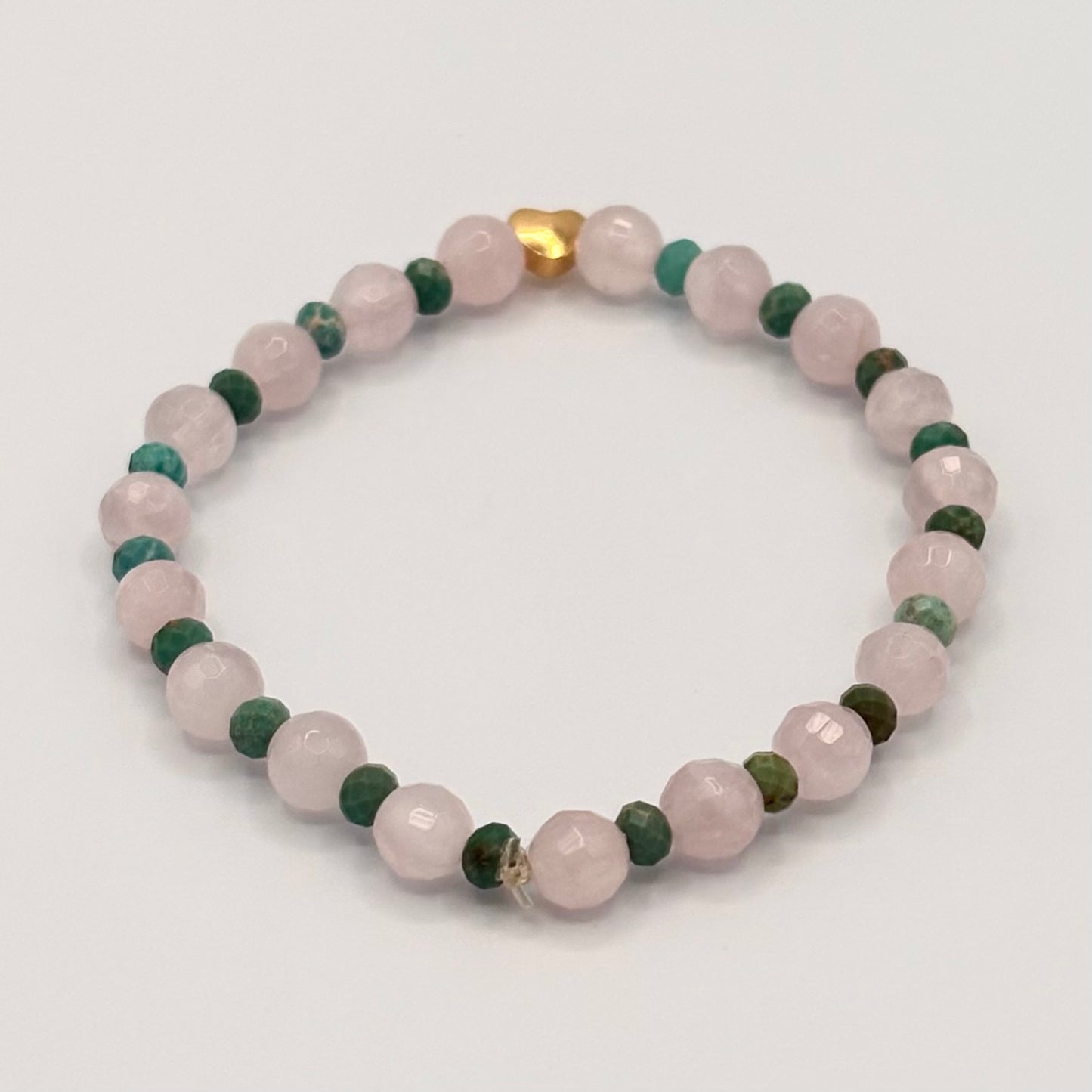 Rose Quartz & Turquoise Stretch Bracelet with 18k Gold-Filled Heart Spacer