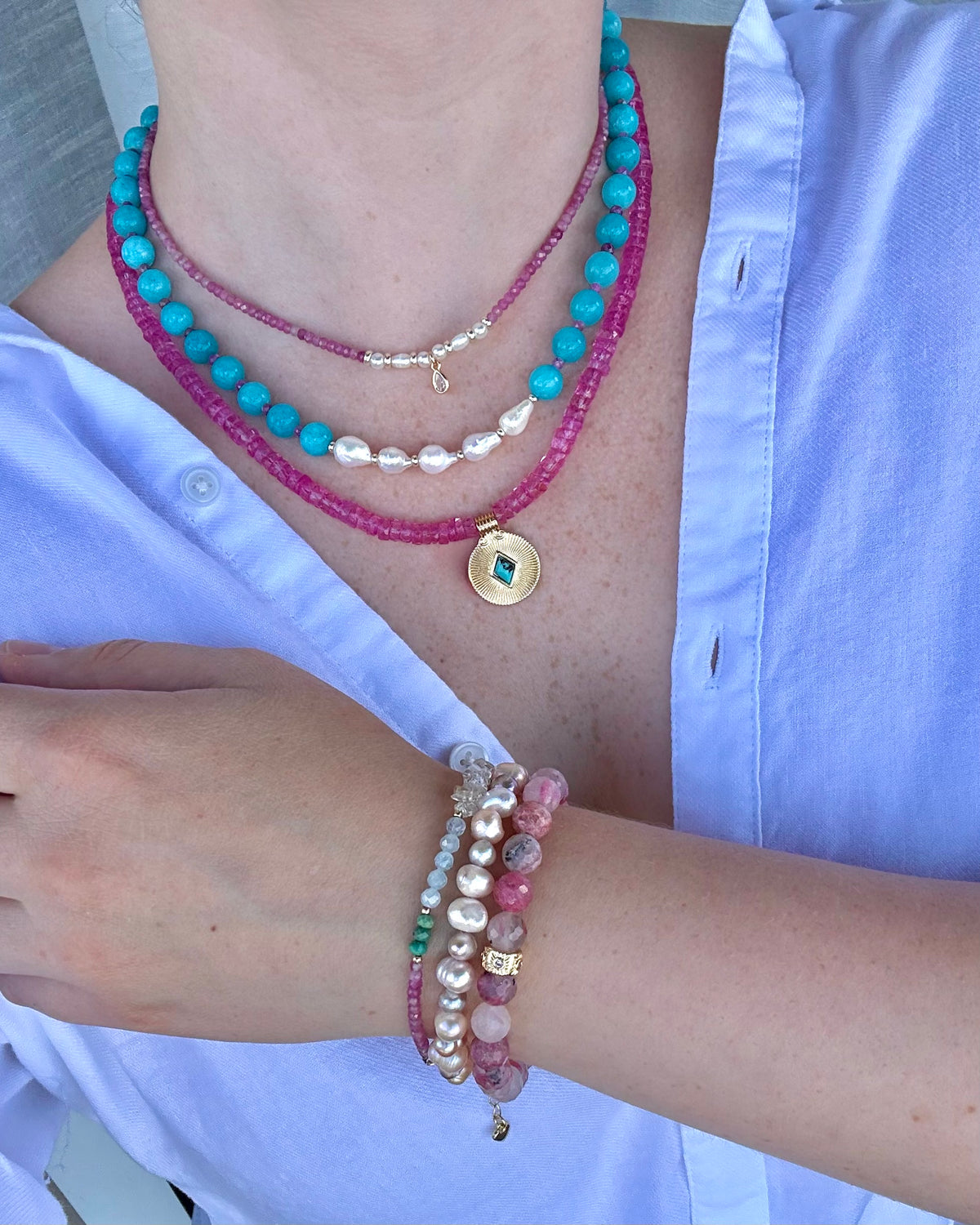 Hot Pink Topaz, Turquoise & 24k Gold-Filled Gemstone Necklace