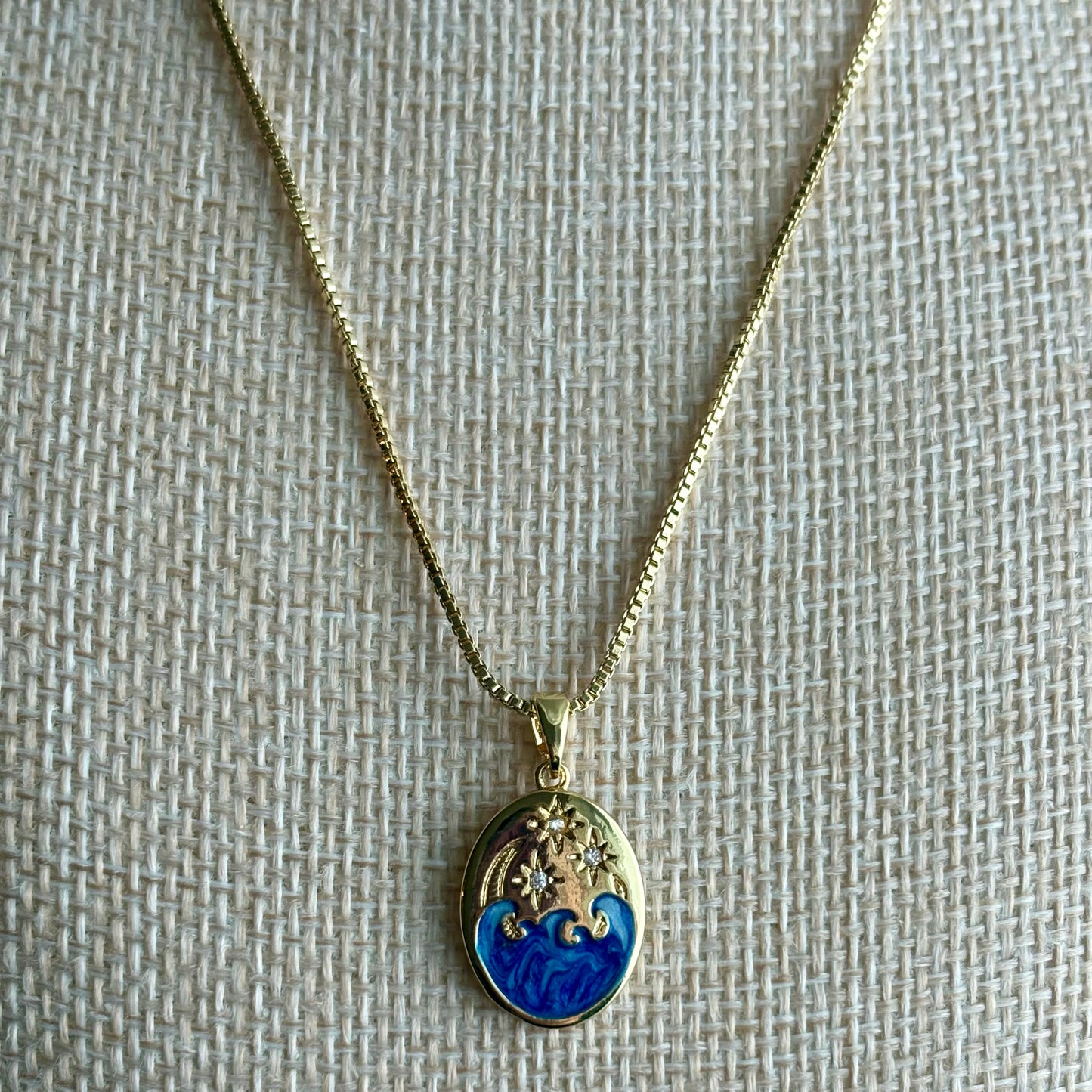 24K Gold-Filled Adjustable Chain Necklace with 18K Enamel Moon, Star & Sea Pendant (Clear CZ)