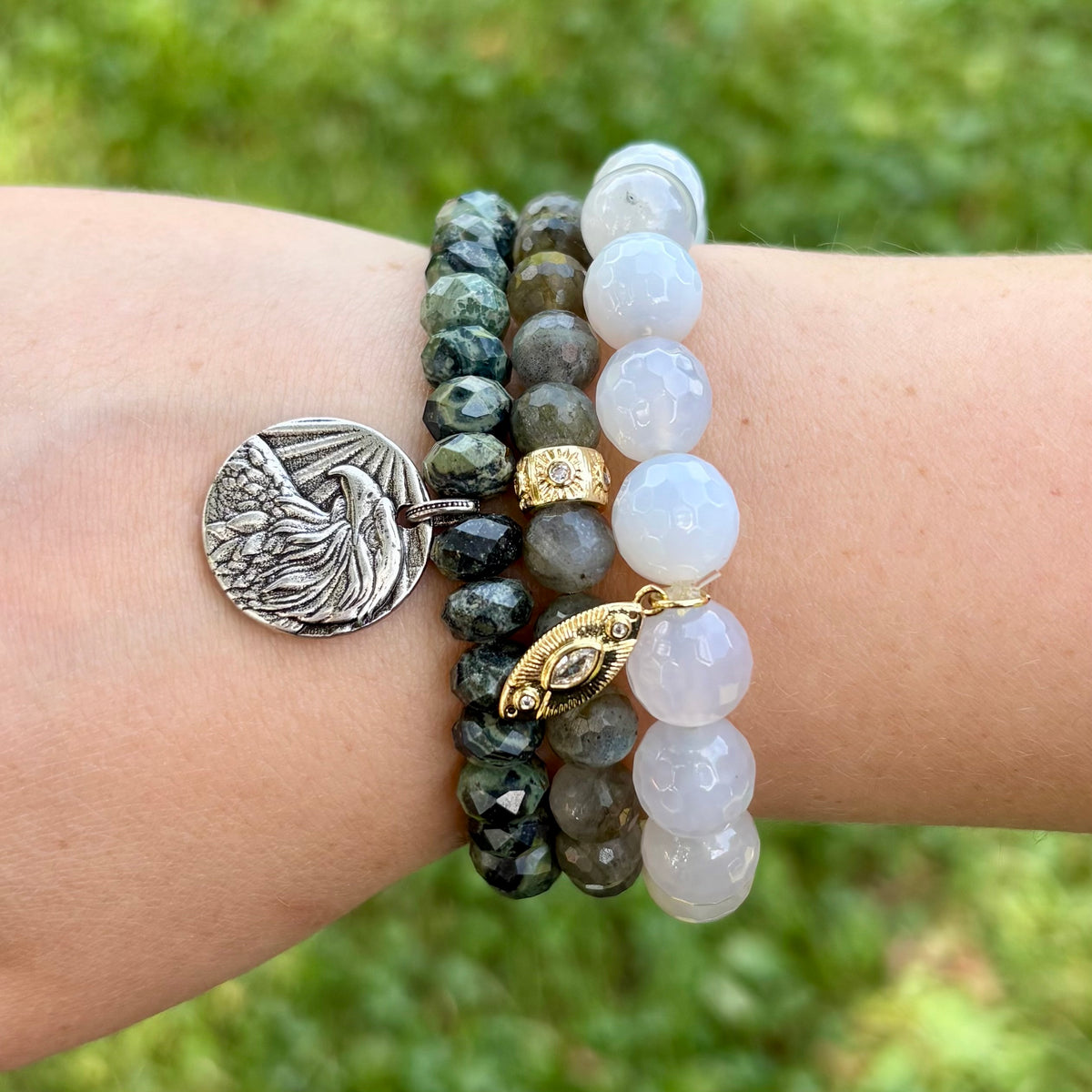 Green & Black Jasper Football Fan Stretch Bracelet | Rhodium Eagle Coin Charm