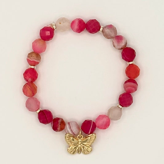 Magenta Sardonyx Stretch Bracelet with 24k Gold-Filled Butterfly Charm