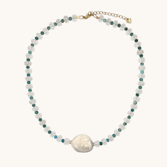 Crystal Quartz & Turquoise Baroque Pearl Necklace - 18K Gold-Filled, 17” Adjustable