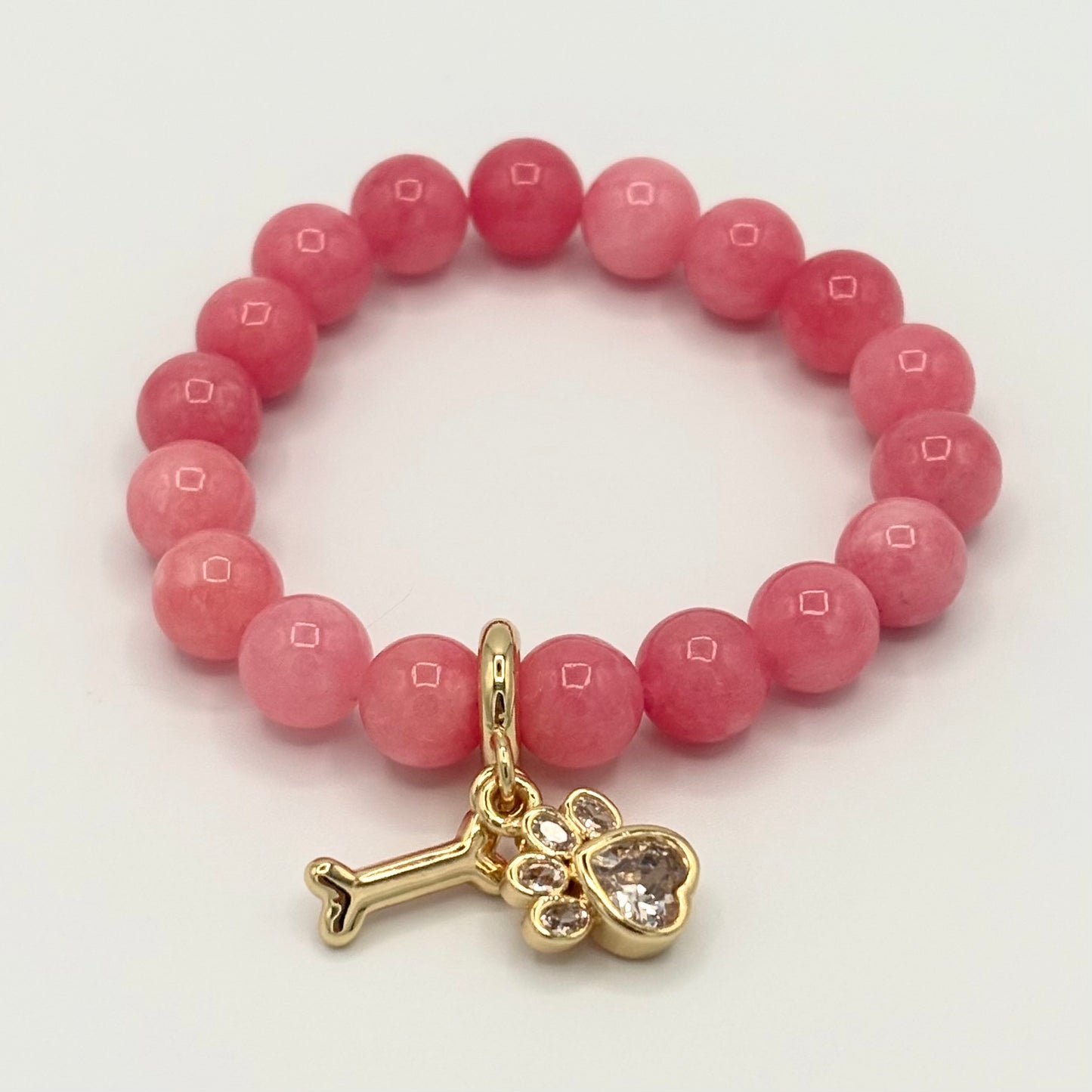 Pink Jade & Gold-Filled Dog Kids Stretch Bracelet