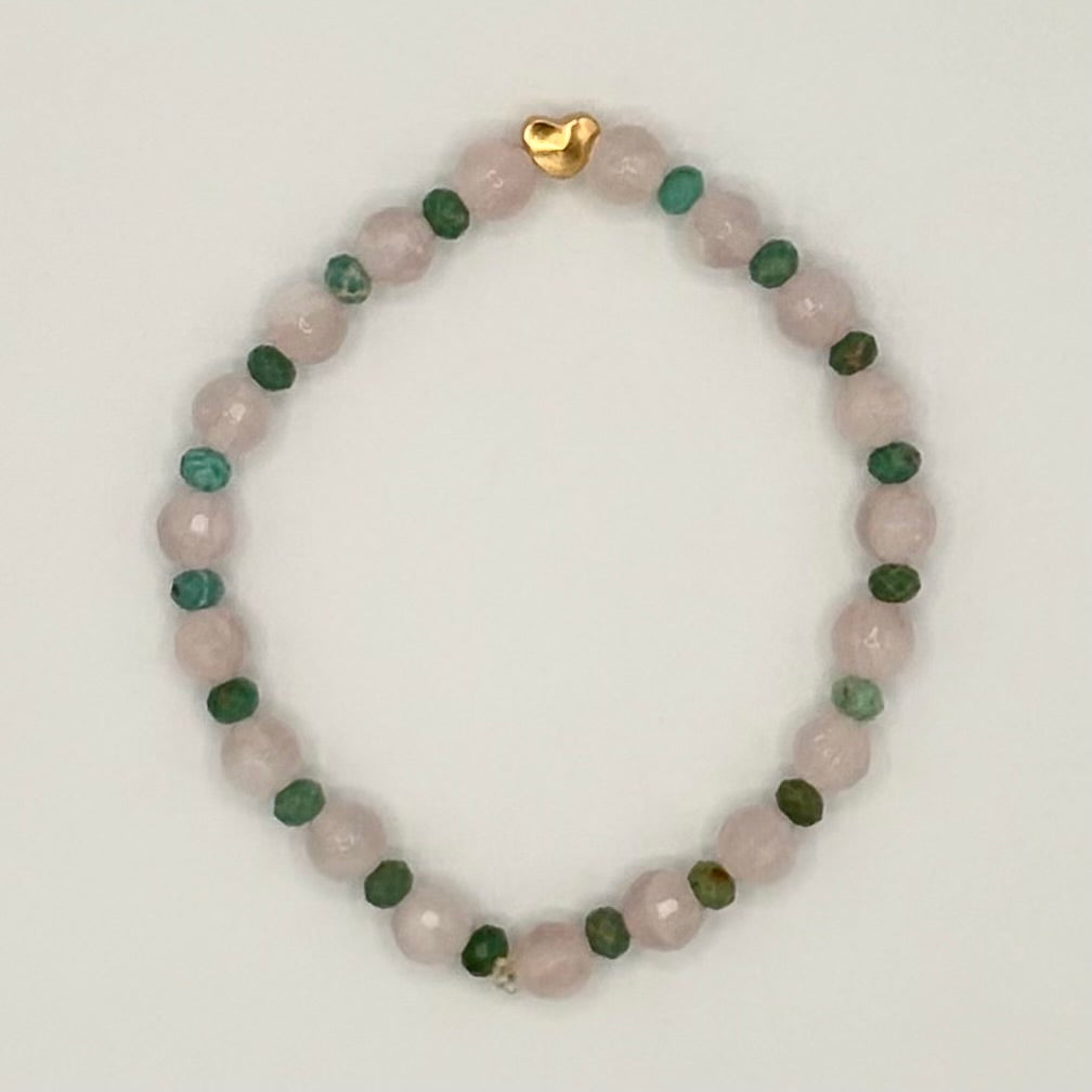 Rose Quartz & Turquoise Stretch Bracelet with 18k Gold-Filled Heart Spacer