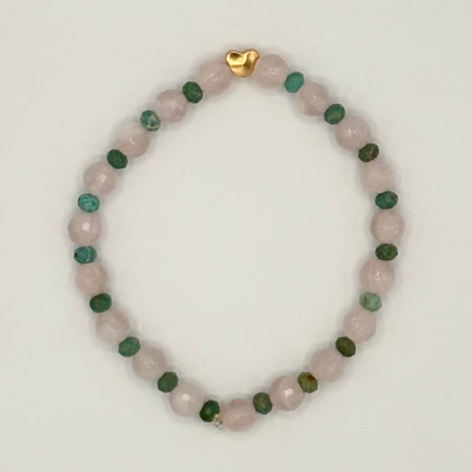Rose Quartz & Turquoise Stretch Bracelet with 18k Gold-Filled Heart Spacer
