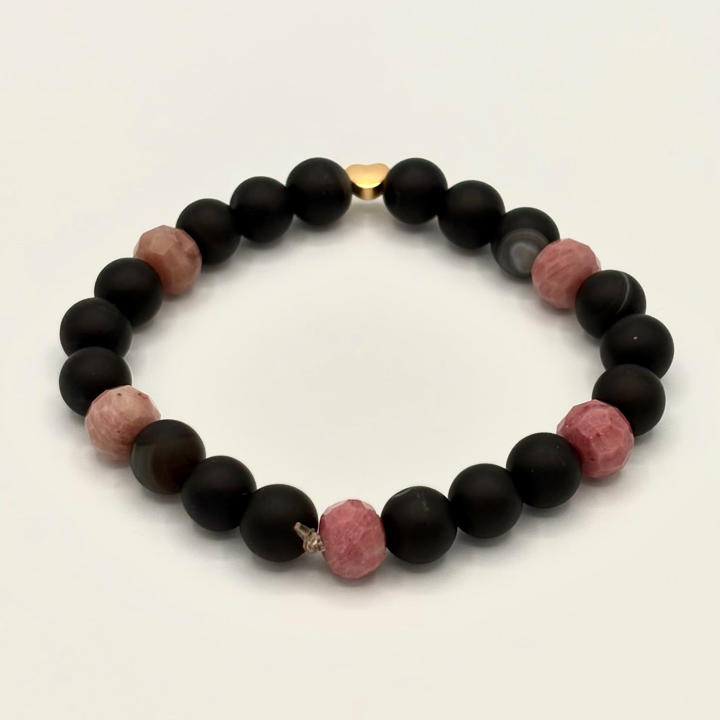 Sardonyx & Rhodonite Stretch Bracelet with 18k Gold-Filled Heart Spacer