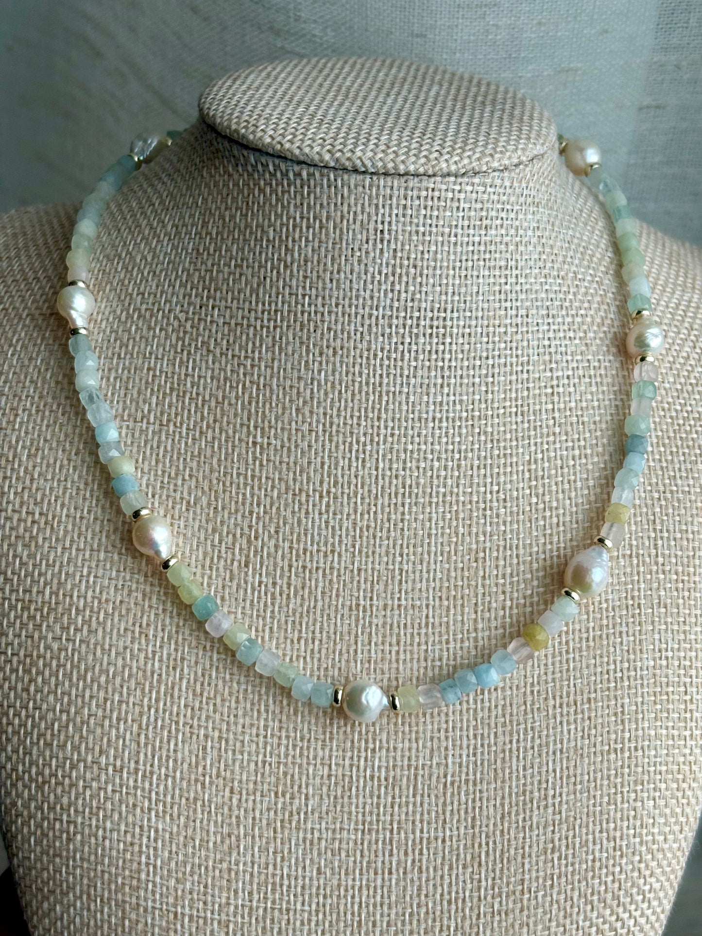 Morganite & Freshwater Pearl Necklace with 18K Gold-Filled Spacers