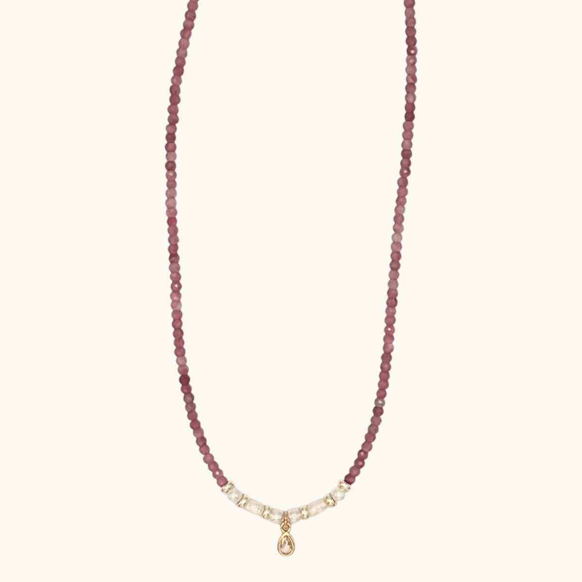 Pink Tourmaline & Freshwater Pearl Necklace with Gold-Filled Teardrop Charm – 15” & 17” Options
