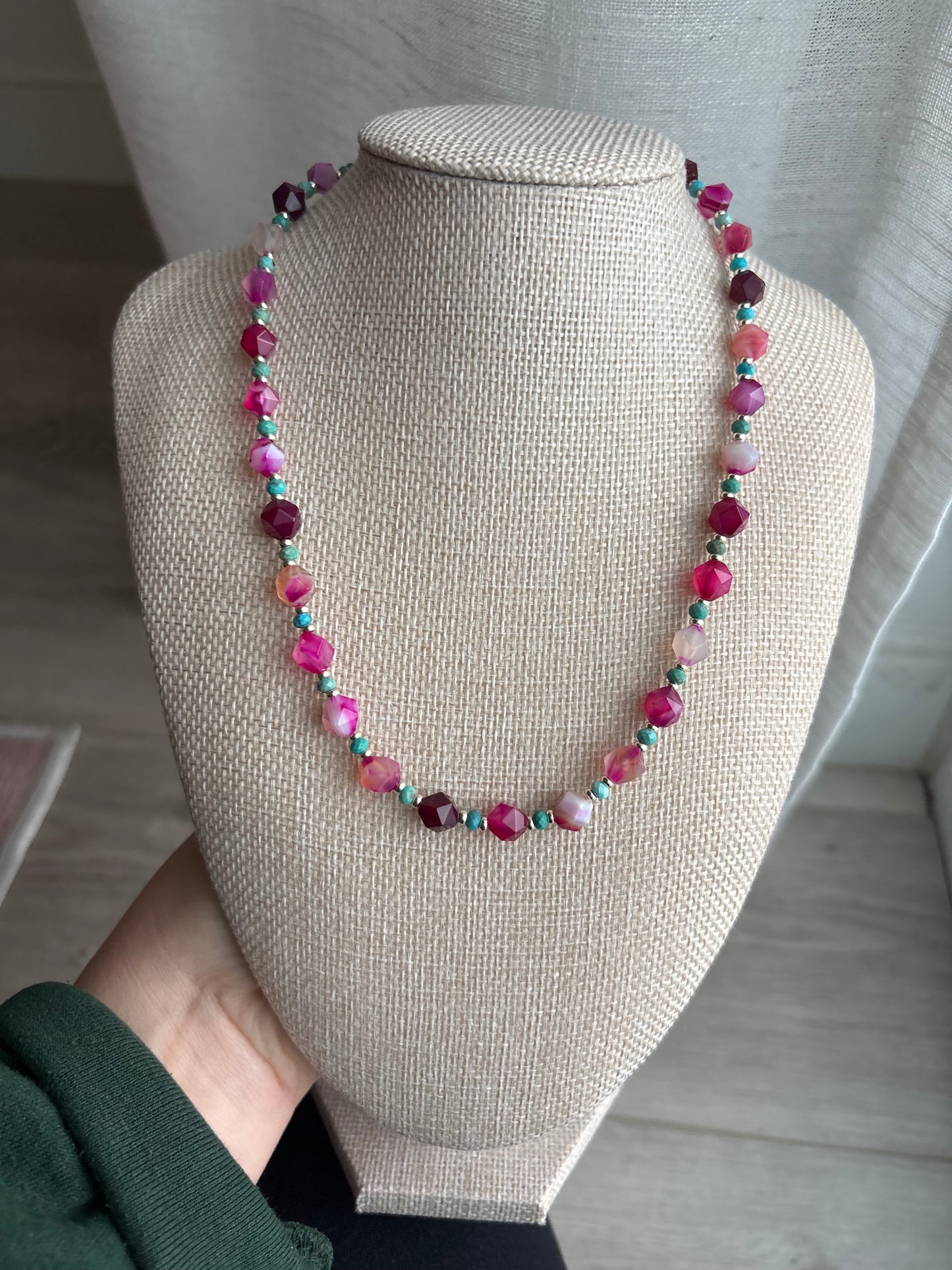 Ruby Pink Line Agate Star-Cut Necklace with Turquoise & 18K Gold-Filled Findings