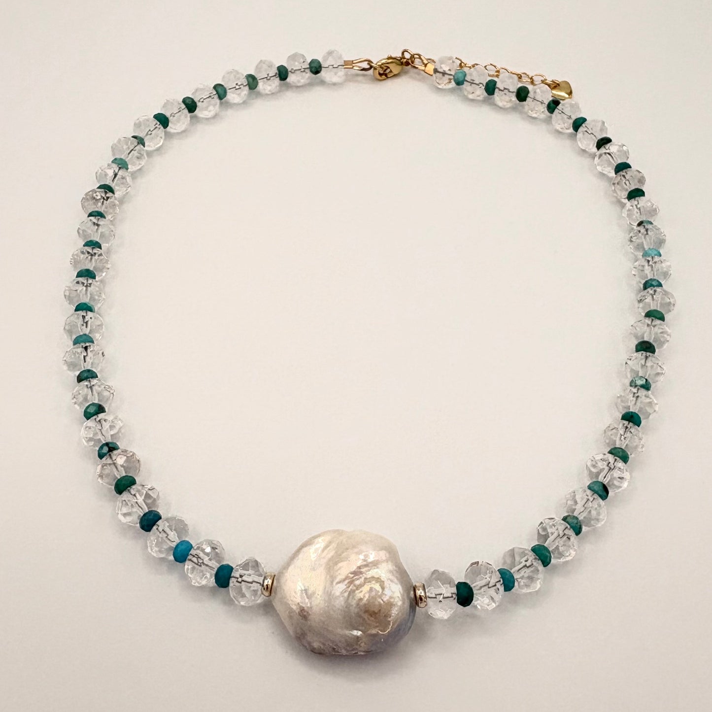 Crystal Quartz & Turquoise Baroque Pearl Necklace - 18K Gold-Filled, 17” Adjustable