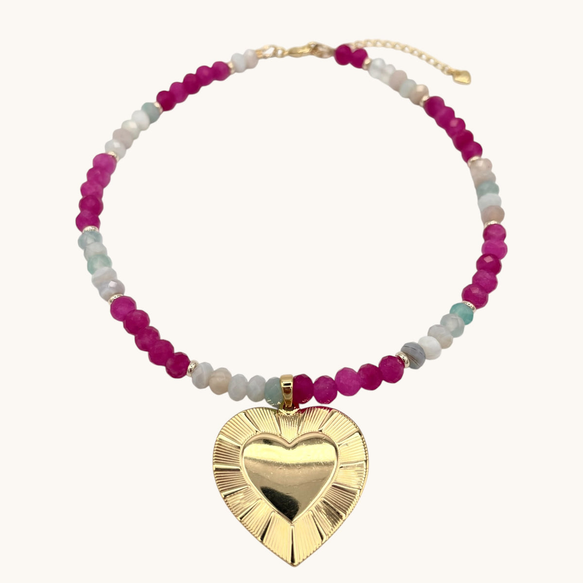 Aqua Agate & Ruby Jade Necklace with 18k Gold-Filled Heart Pendant