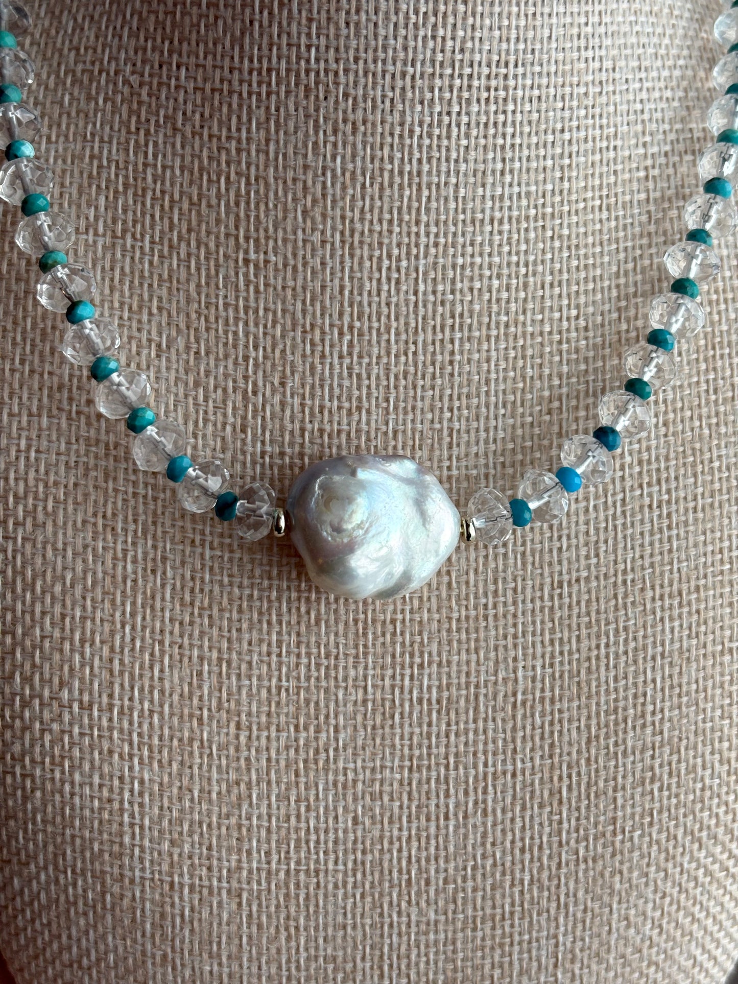 Crystal Quartz & Turquoise Baroque Pearl Necklace - 18K Gold-Filled, 17” Adjustable