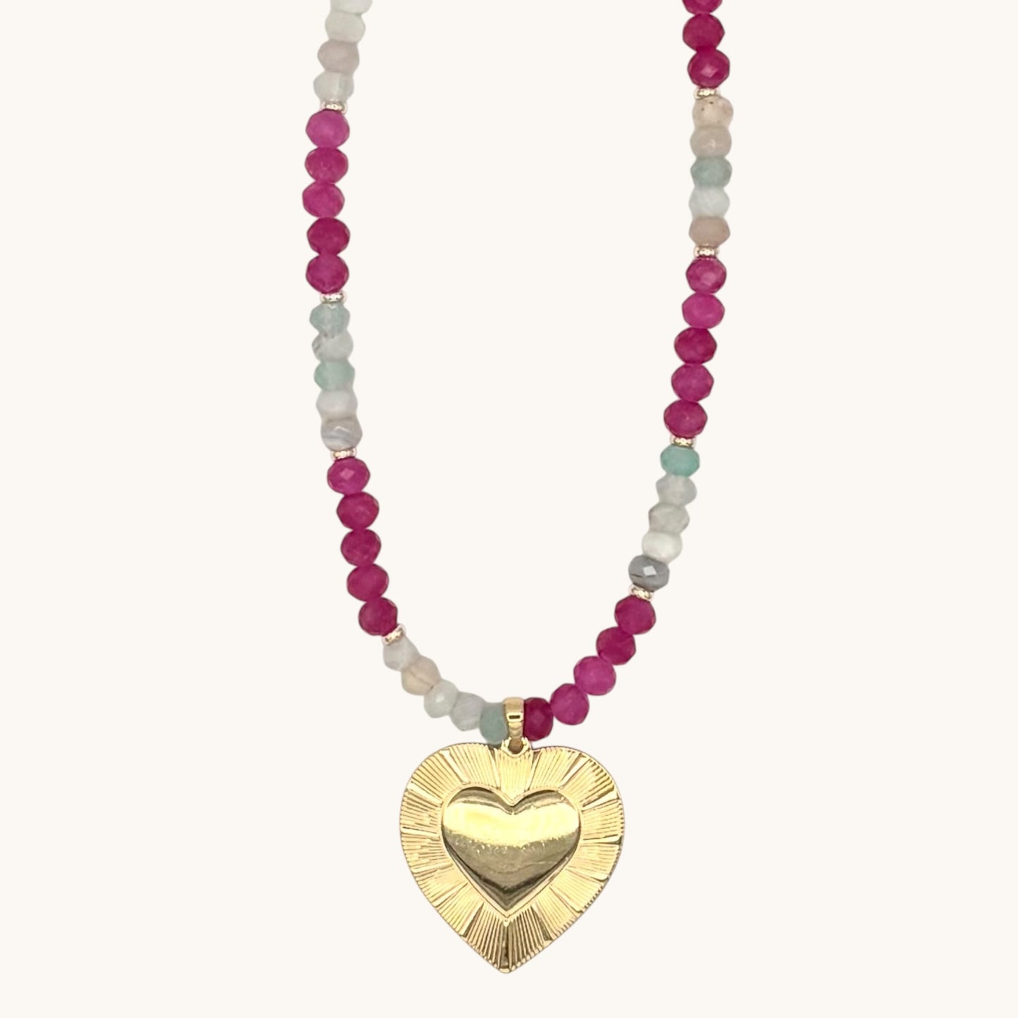 Aqua Agate & Ruby Jade Necklace with 18k Gold-Filled Heart Pendant