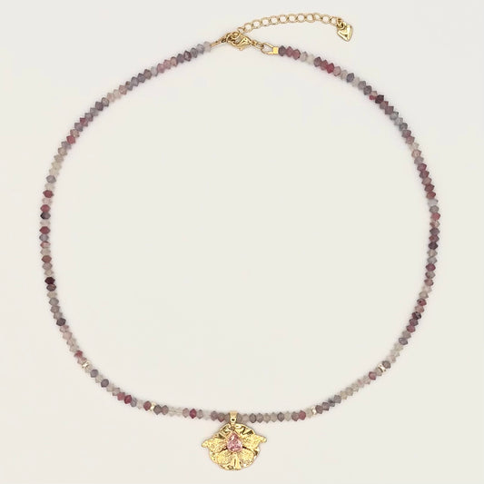 Watermelon Tourmaline Ombre Necklace with Gold-Filled Tulip Charm & Puffy Heart Extender (18–20”)