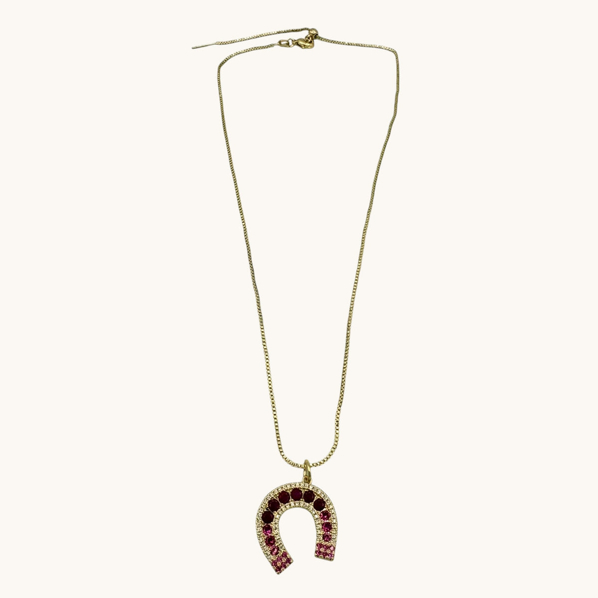 24K Gold-Filled Adjustable Box Chain Necklace with CZ Horseshoe Pendant