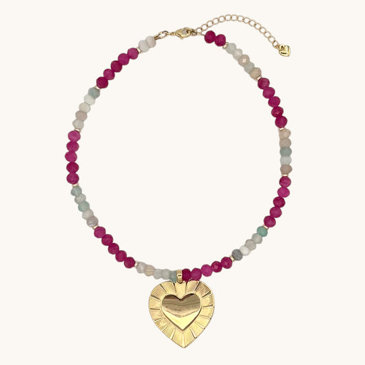 Aqua Agate & Ruby Jade Necklace with 18k Gold-Filled Heart Pendant