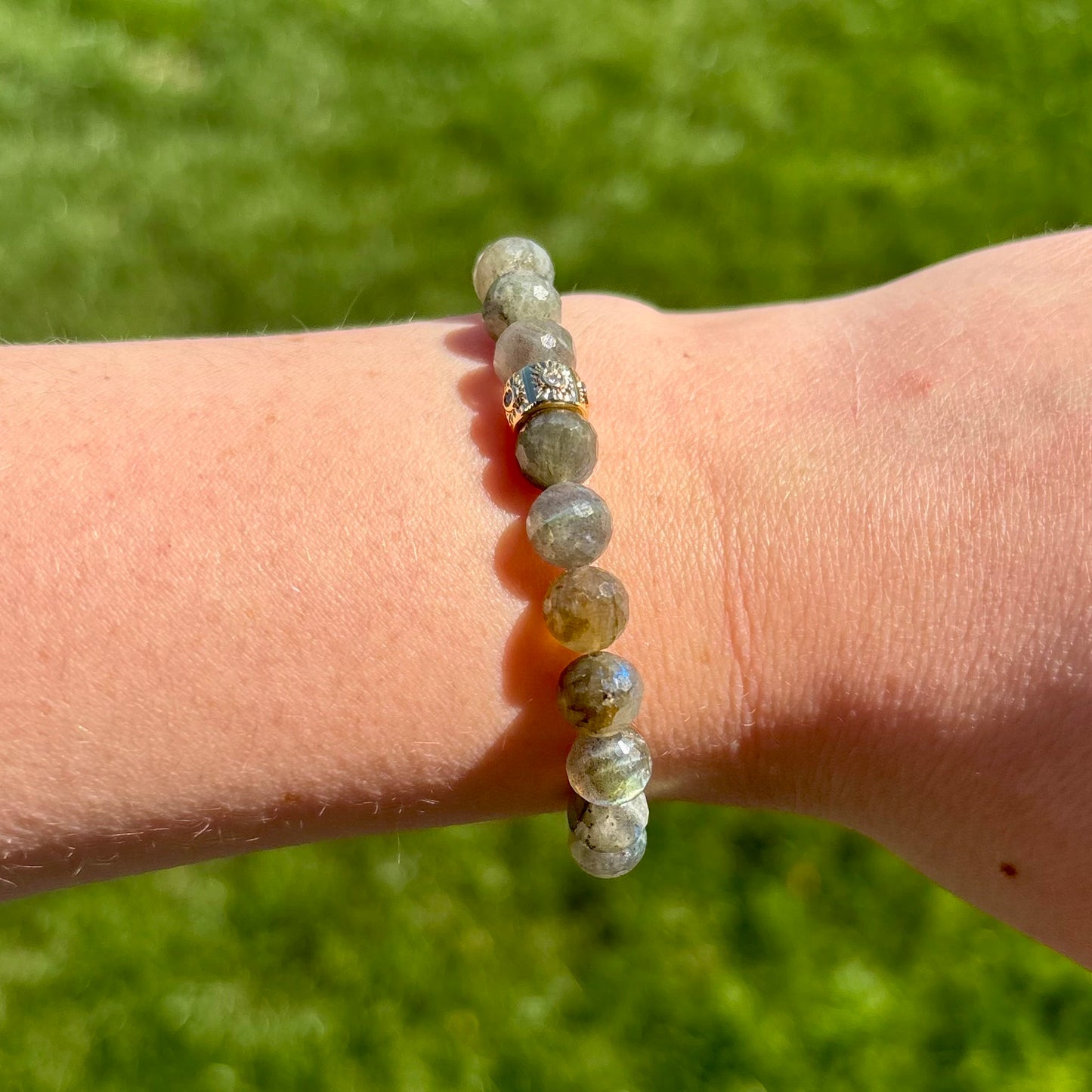 Faceted Labradorite Bracelet with Celestial Sun Charm – 6.5mm Gemstone Stretch