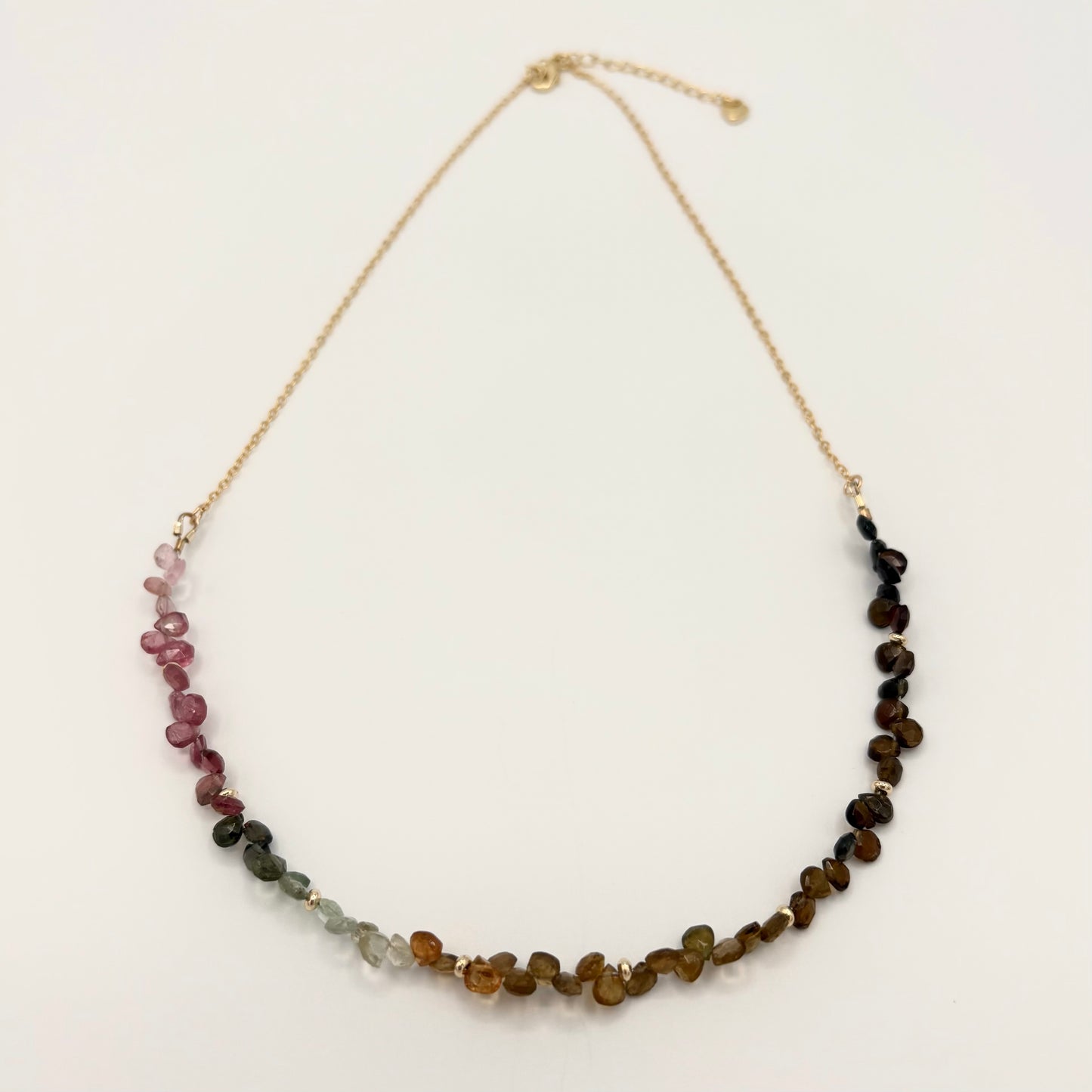 Tourmaline Ombre Briolette Necklace with Gold-Filled Chain & Puffy Heart Extender (19–21”)