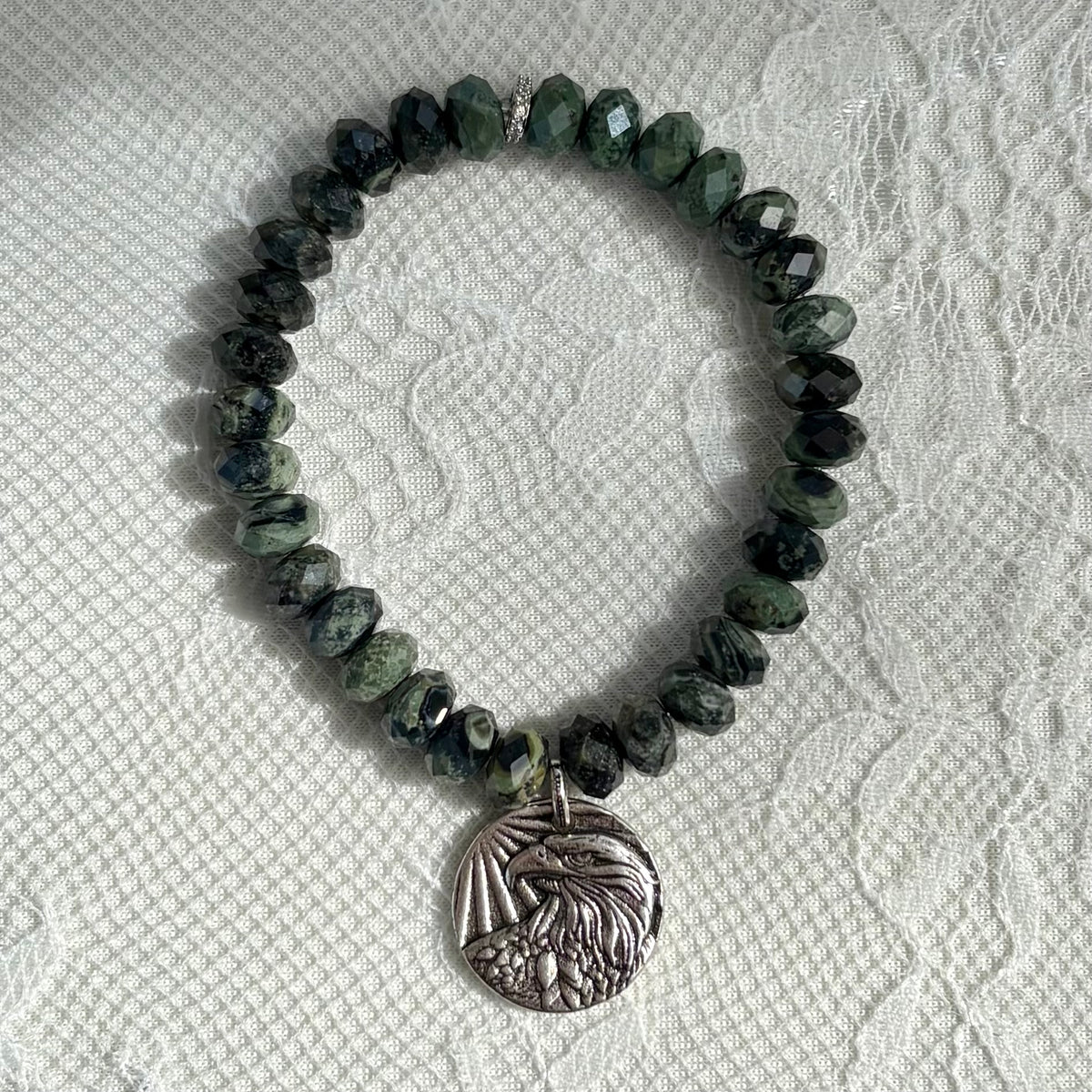 Green & Black Jasper Football Fan Stretch Bracelet | Rhodium Eagle Coin Charm