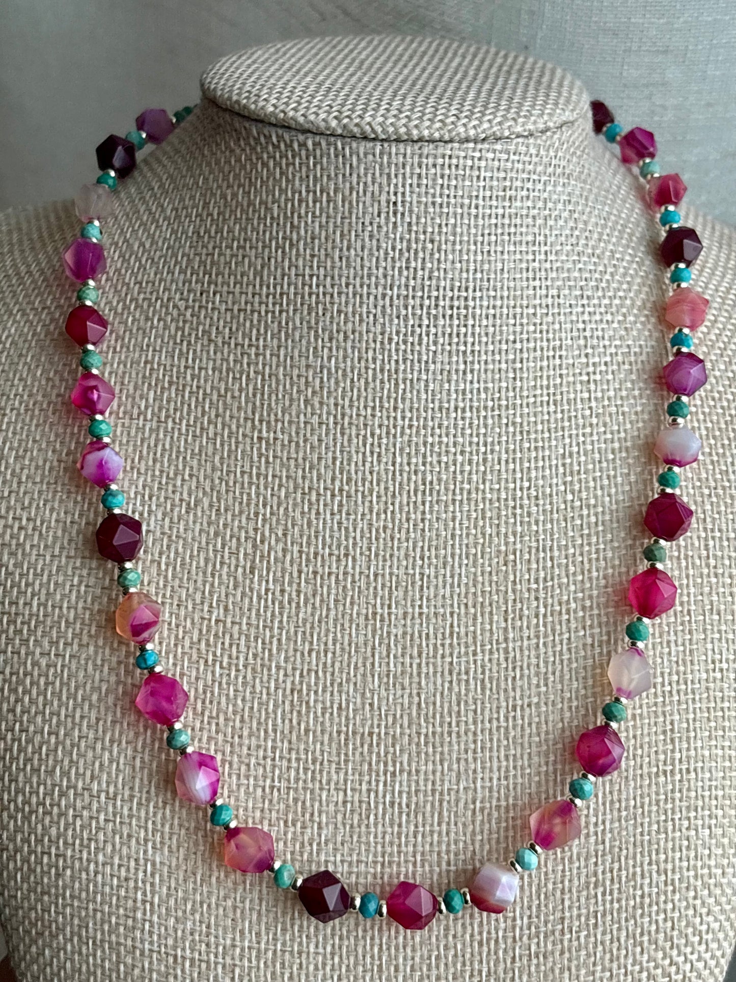 Ruby Pink Line Agate Star-Cut Necklace with Turquoise & 18K Gold-Filled Findings