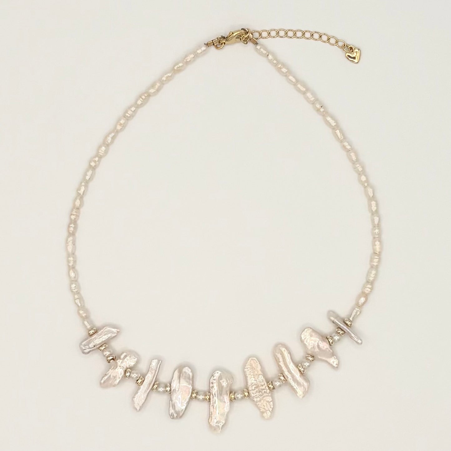 Freshwater Potato & Stick Pearl Necklace with Gold-Filled Puffy Heart Extender (14.5–16.5”)