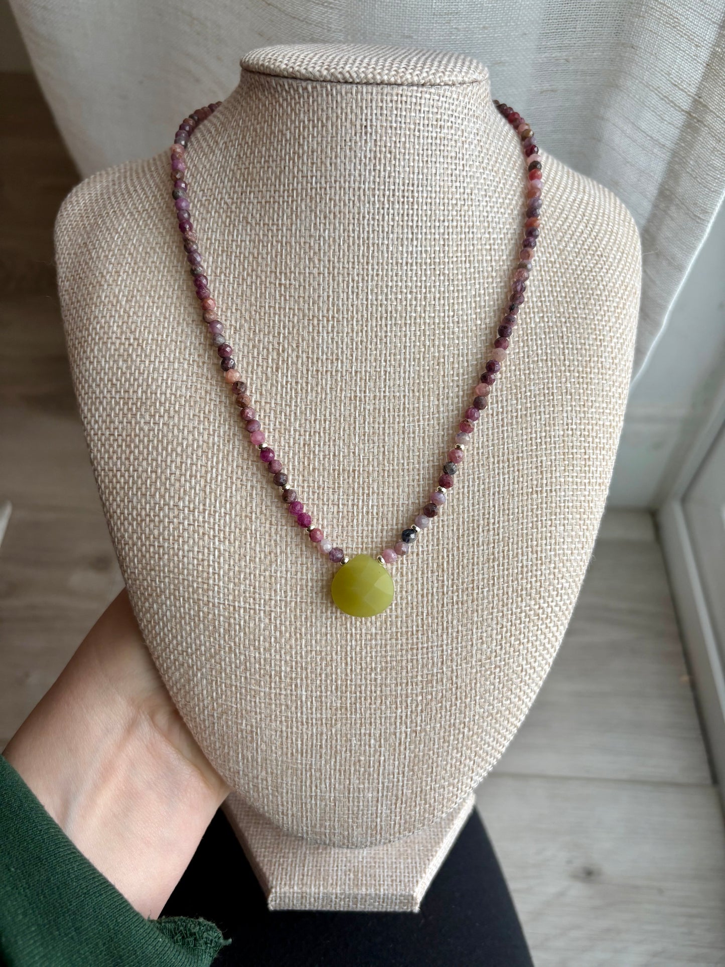 Tourmaline Necklace with Peridot Jade Puff Pendant & 18K Gold-Filled Findings