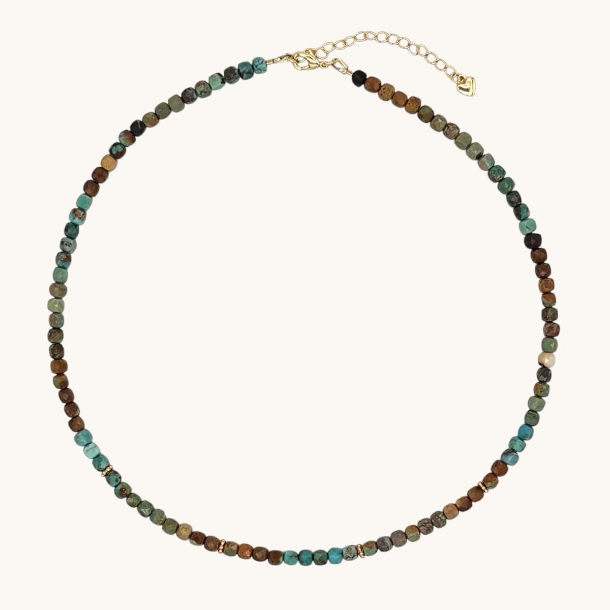 Earth Tones Faceted Turquoise Necklace with Gold Vermeil Daisy Spacers & Heart Extender (16–18”)