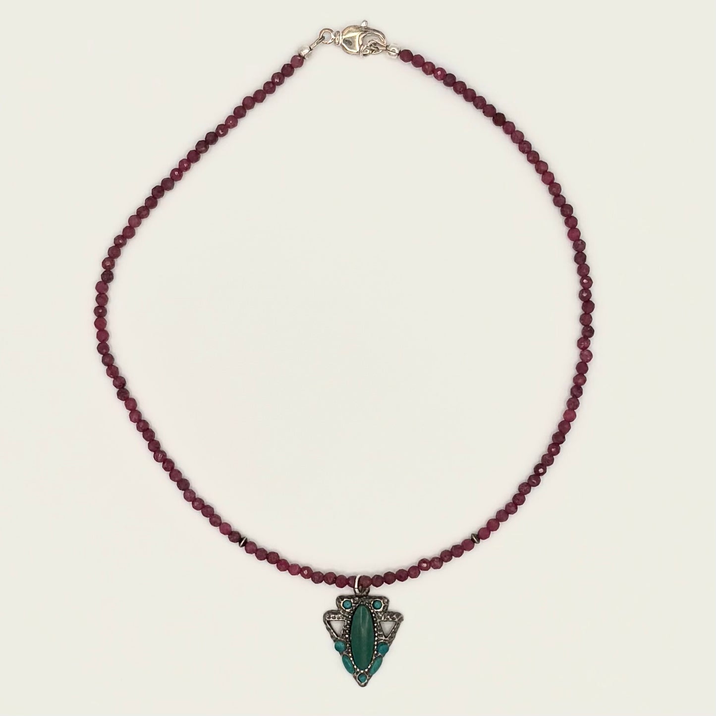 Ruby Bead Necklace with Vintage Sterling Silver Arrowhead Pendant & Turquoise Accents (16.5”)