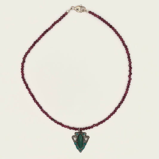 Ruby Bead Necklace with Vintage Sterling Silver Arrowhead Pendant & Turquoise Accents (16.5”)
