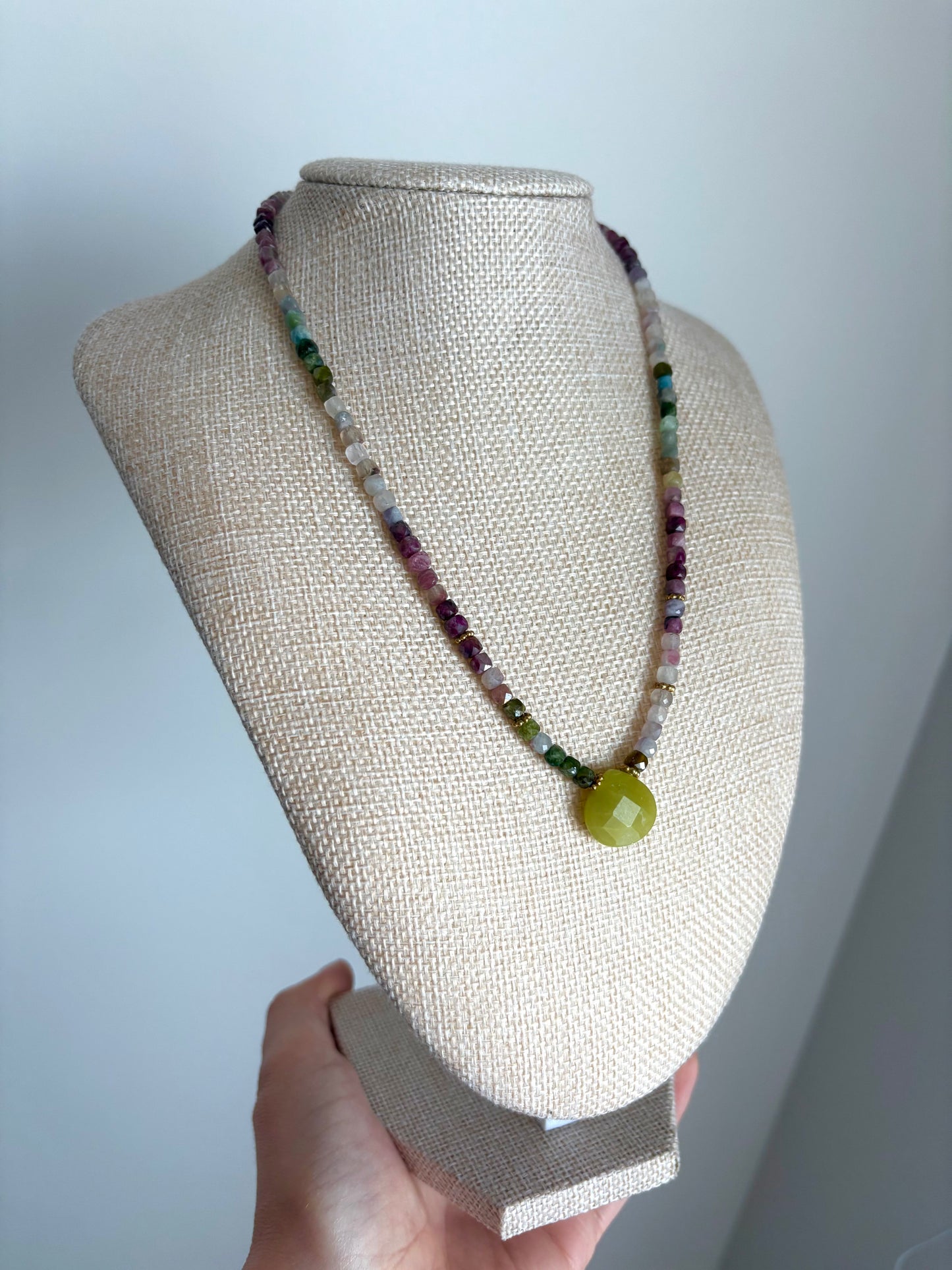 Watermelon Tourmaline & Jade Peridot Necklace | Gold Vermeil Daisy Accents