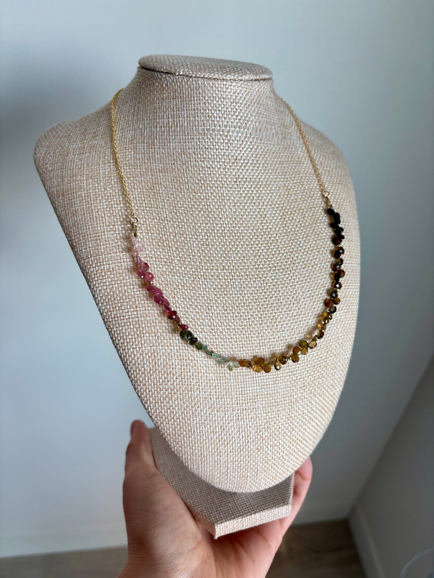 Tourmaline Ombre Briolette Necklace with Gold-Filled Chain & Puffy Heart Extender (19–21”)