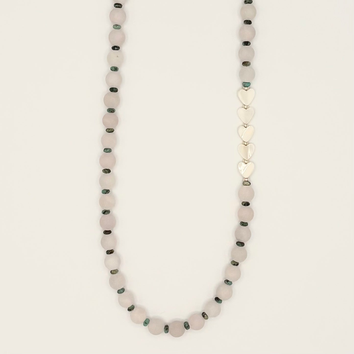 Rose Quartz Necklace with African Turquoise & Mother of Pearl Hearts | 20” Gold-Filled