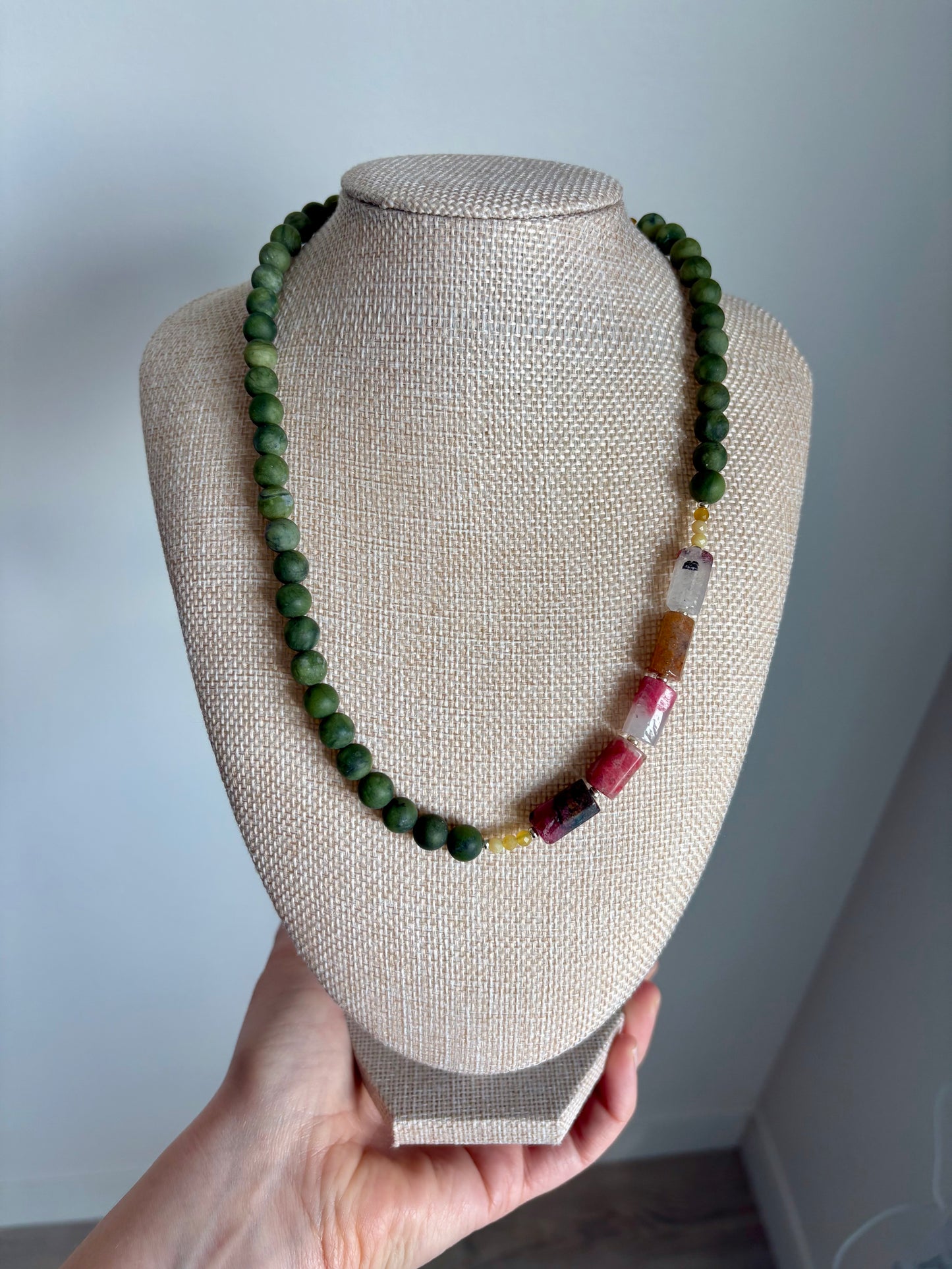 Olivina Jade & African Yellow Opal Necklace with Rhodonite Cylinder Beads & Gold-Filled Puffy Heart Extender (18.5–20.5”)
