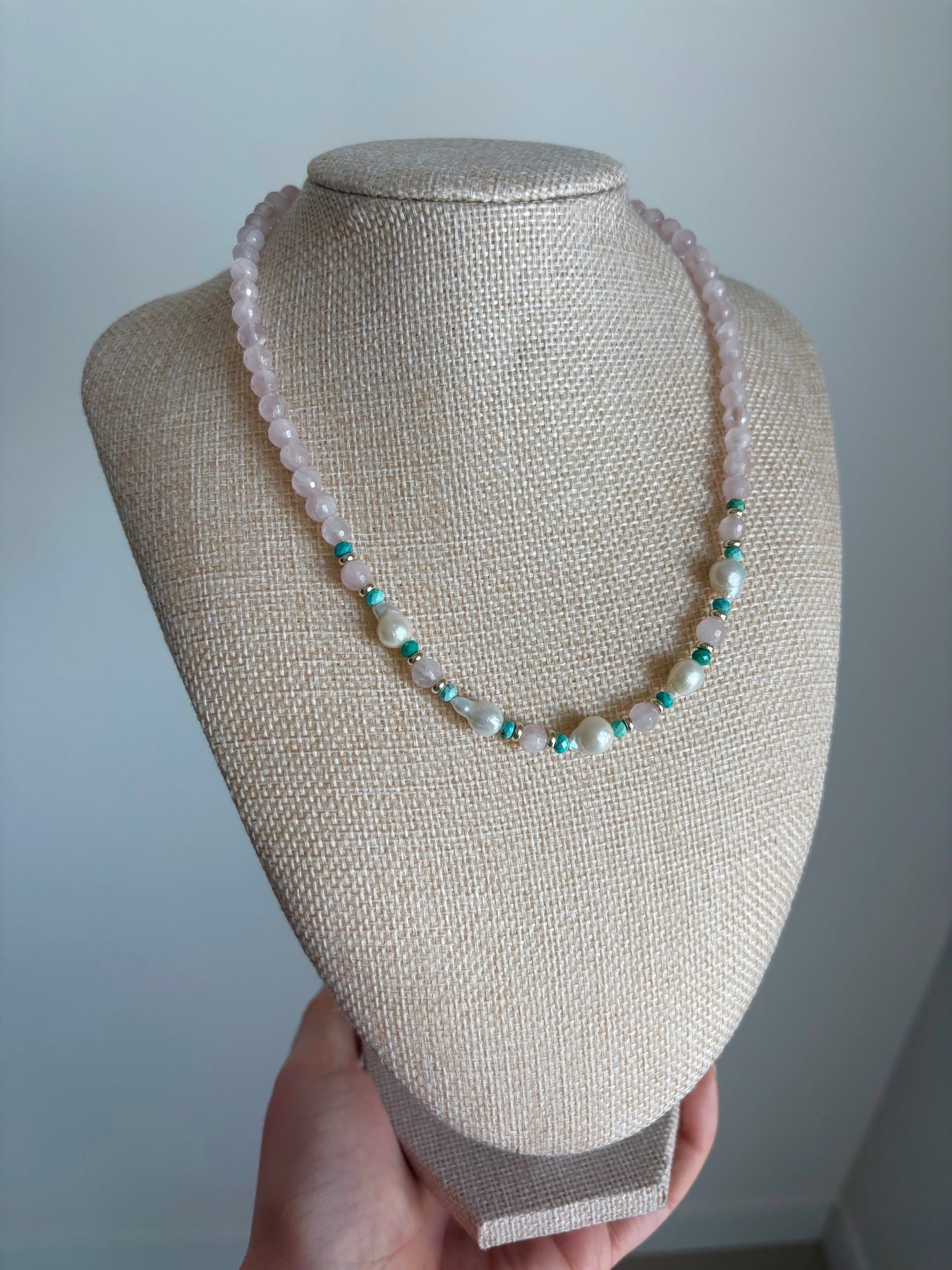 Rose Quartz & Turquoise Necklace | Freshwater Pearls & 18K Gold-Filled Details