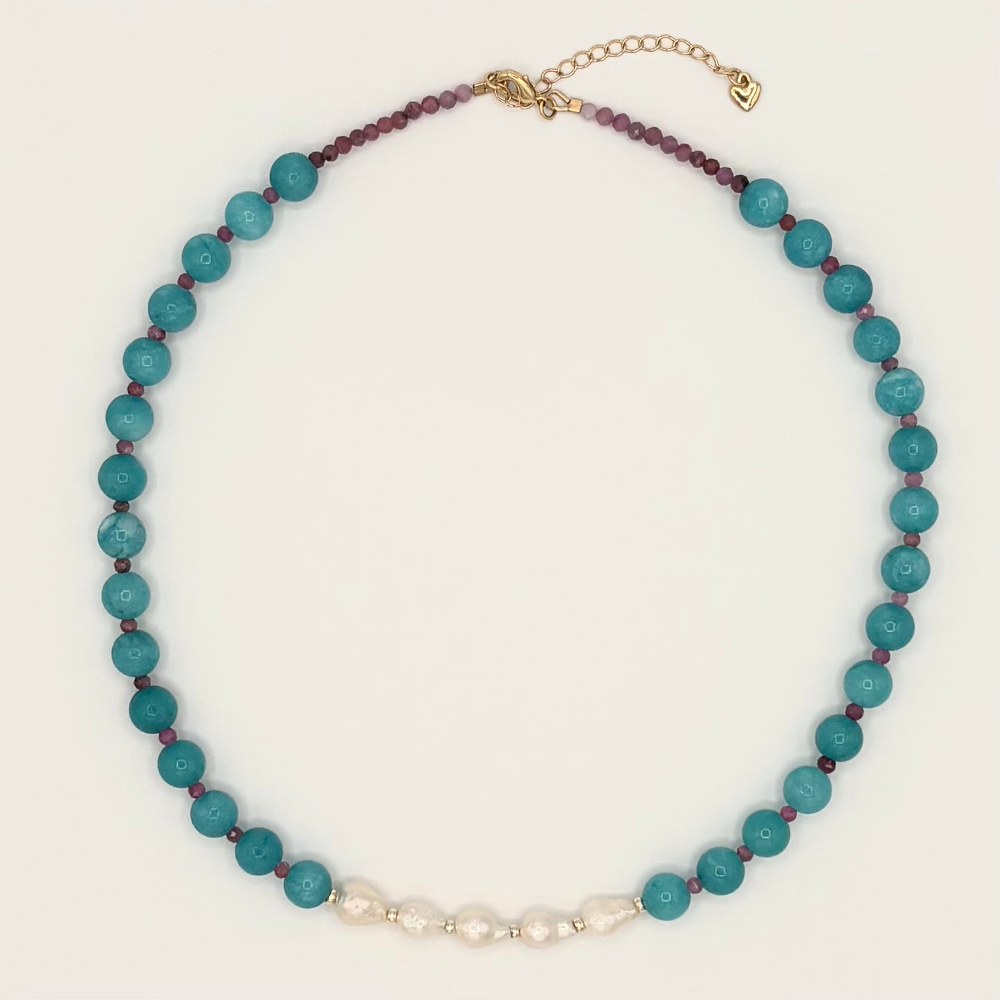 Blue Quartz & Pink Tourmaline Necklace with Freshwater Pearl Center – 17”
