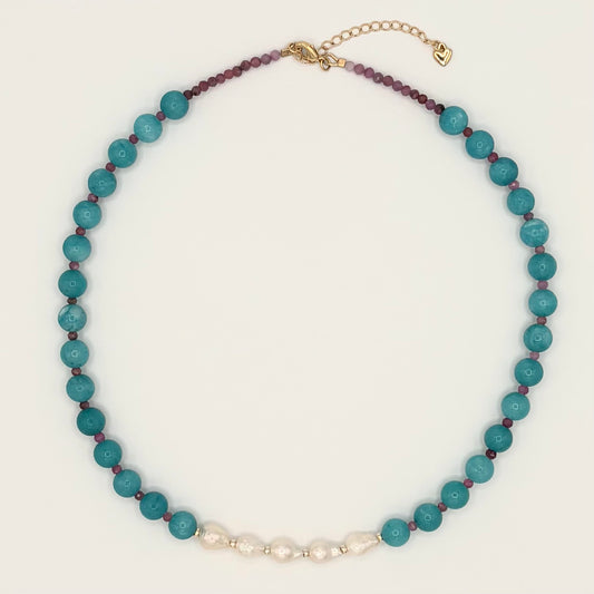 Blue Quartz & Pink Tourmaline Necklace with Freshwater Pearl Center – 17”