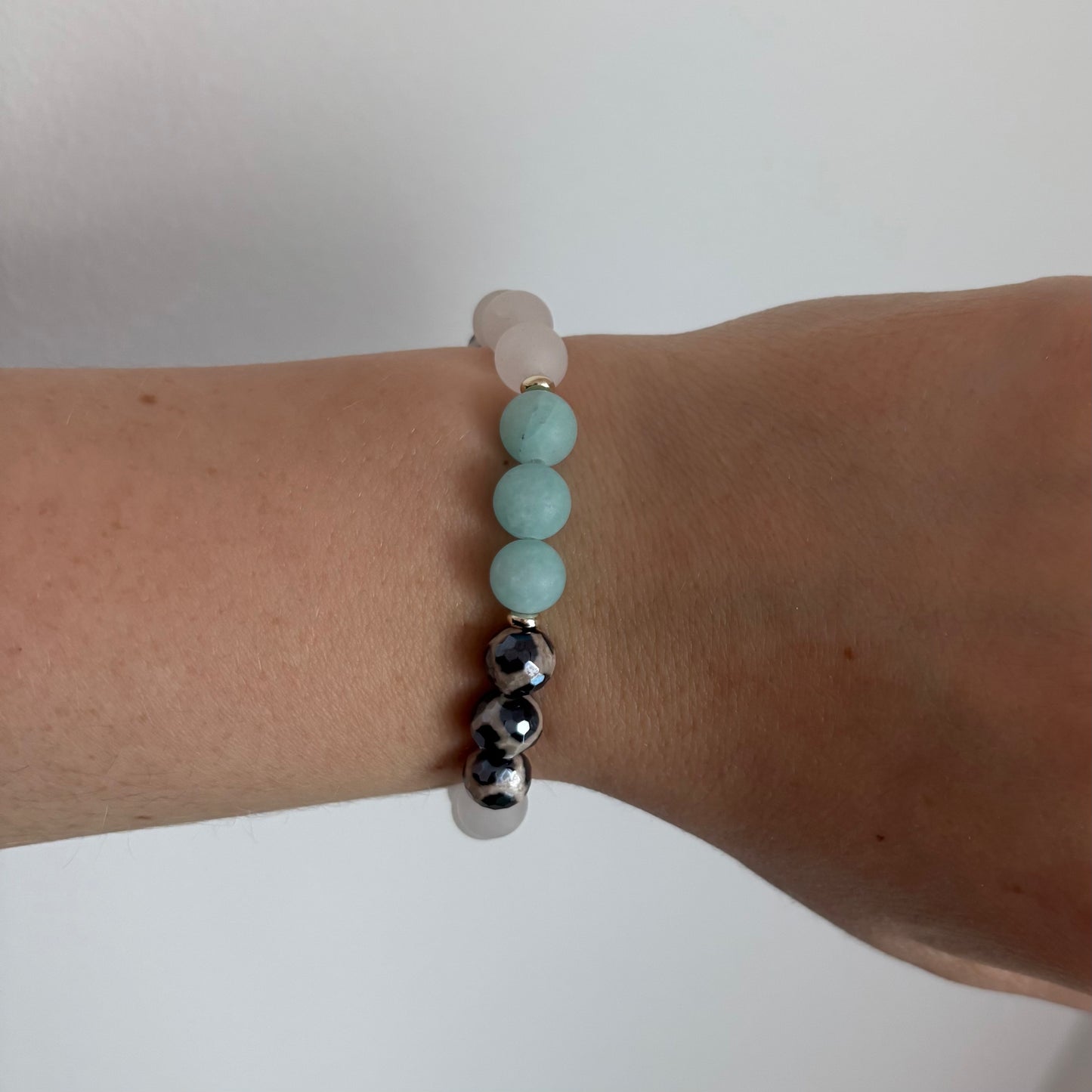 Amazonite, White Jade & Howlite Stretch Bracelet with 18k Gold-Filled Spacers