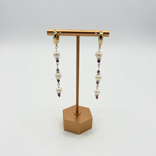 18k Gold Filled Freshwater Pearl, Tourmaline & Labradorite Drop Huggies