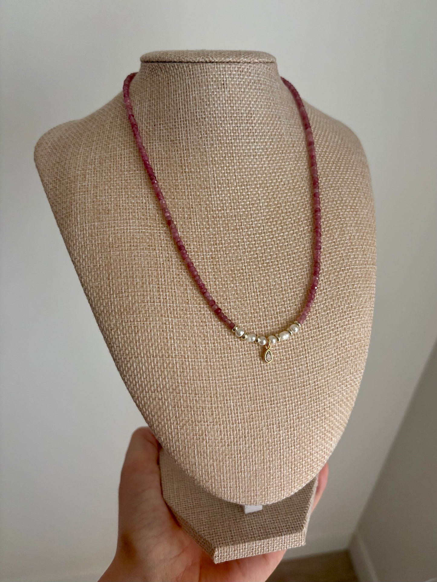 Pink Tourmaline & Freshwater Pearl Necklace with Gold-Filled Teardrop Charm – 15” & 17” Options