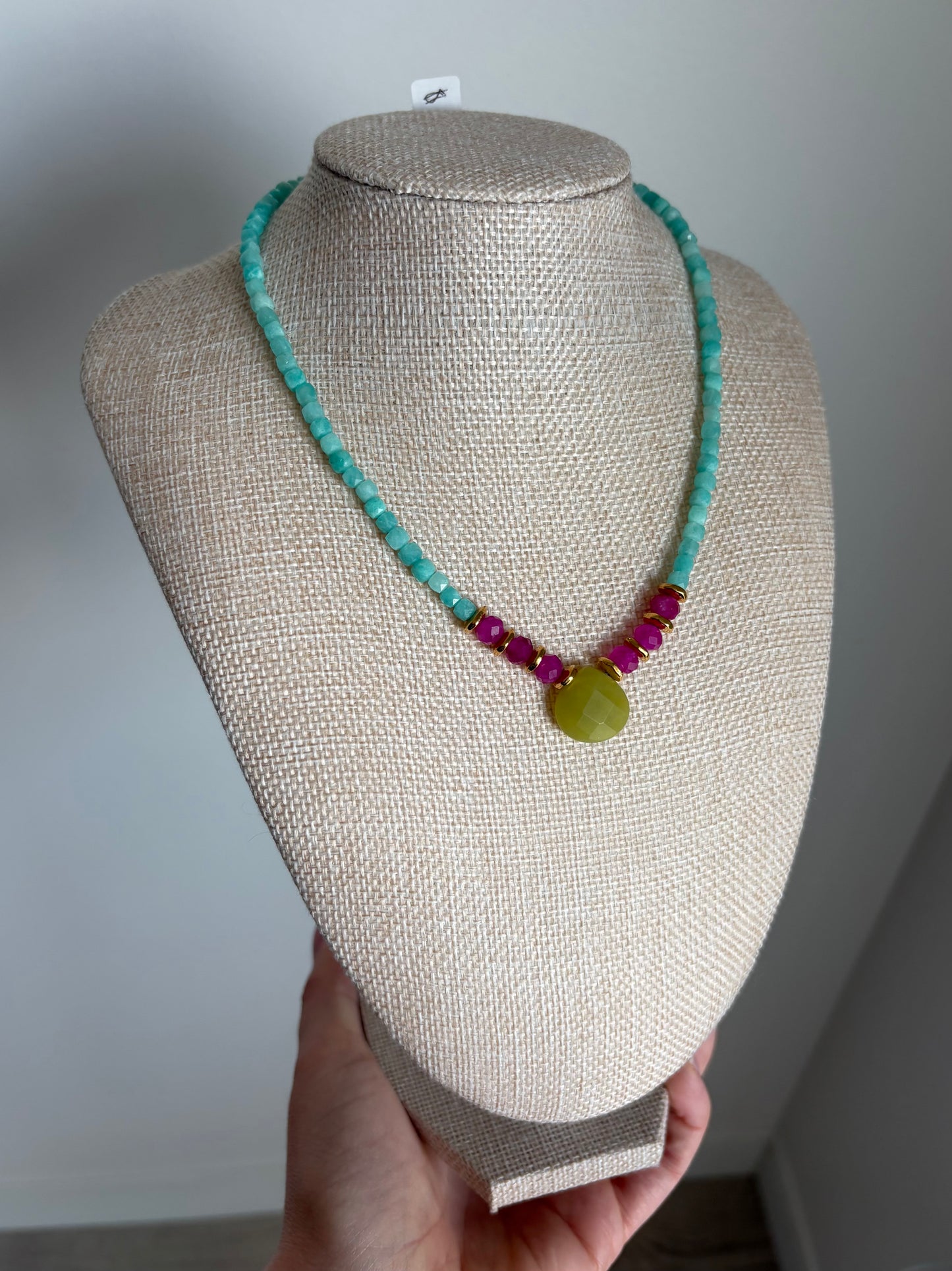Amazonite Necklace with Teardrop Peridot Jade Pendant & Magenta Sardonyx Accents with Gold-Filled Puffy Heart Extender (15–17”)