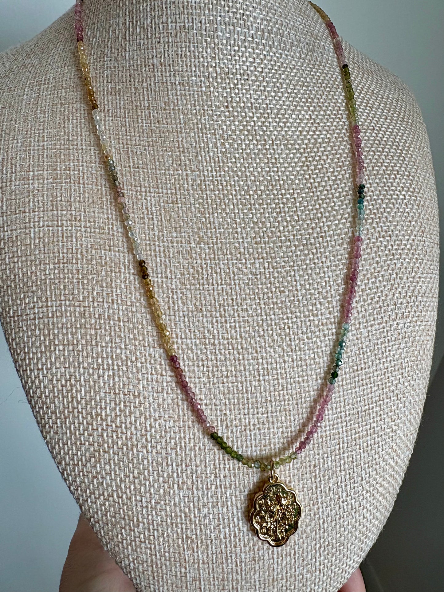 Watermelon Tourmaline Ombre Necklace with Gold-Filled Tulip Charm & Puffy Heart Extender (18–20”)