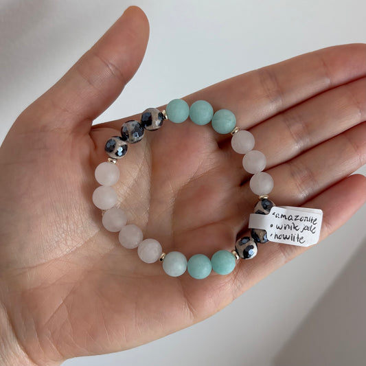 Amazonite, White Jade & Howlite Stretch Bracelet with 18k Gold-Filled Spacers