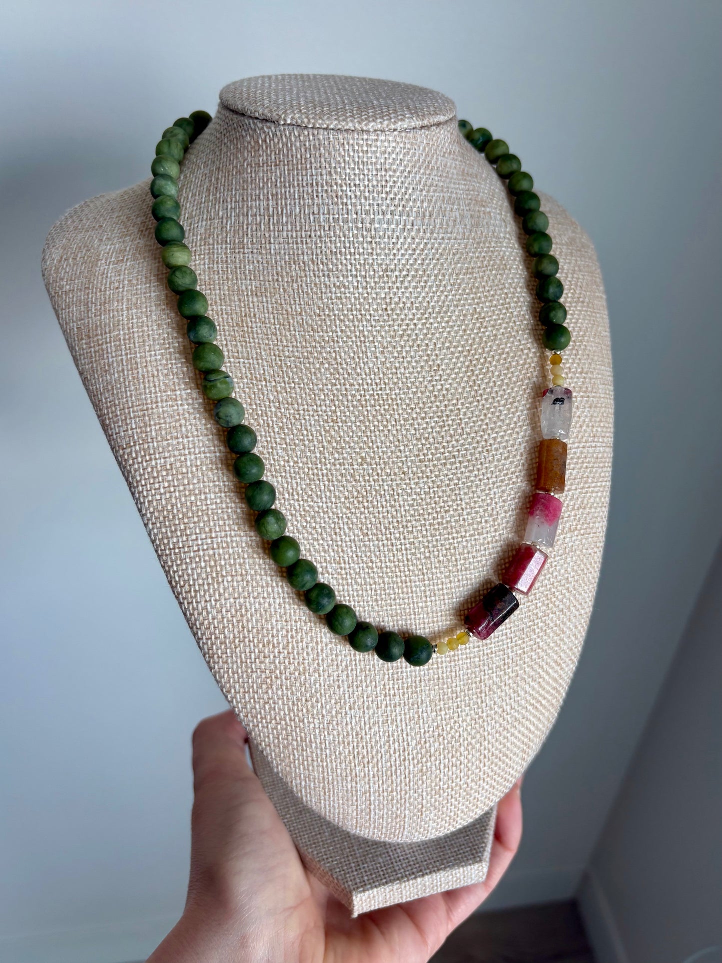 Olivina Jade & African Yellow Opal Necklace with Rhodonite Cylinder Beads & Gold-Filled Puffy Heart Extender (18.5–20.5”)
