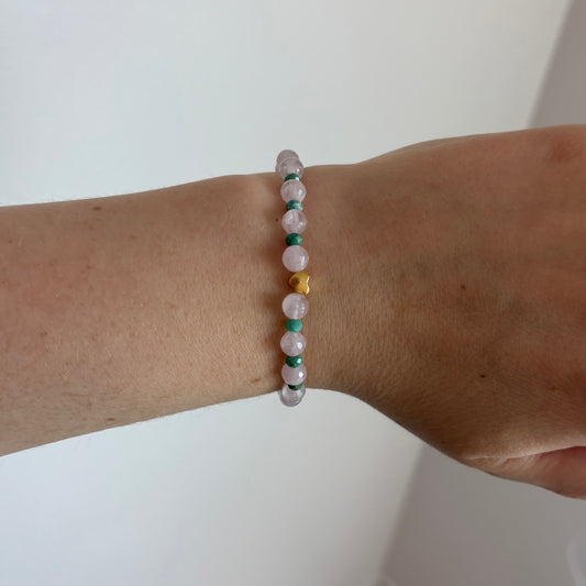 Rose Quartz & Turquoise Stretch Bracelet with 18k Gold-Filled Heart Spacer