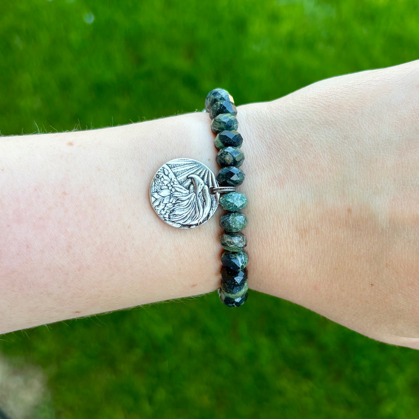 Green & Black Jasper Football Fan Stretch Bracelet | Rhodium Eagle Coin Charm